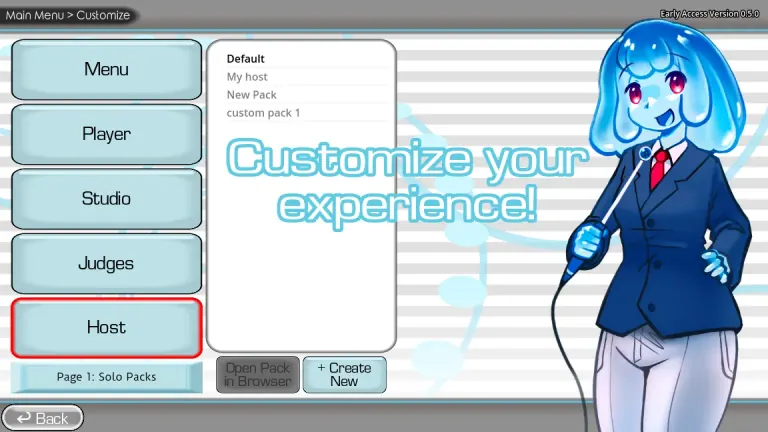 Official The Choicer Voicer customization screen with the blue-haired game-show host