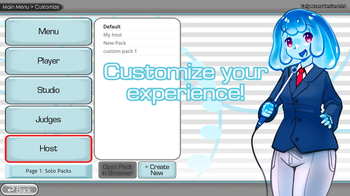 Official The Choicer Voicer customization screen with the blue-haired game-show host